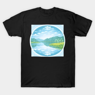 Beautiful landscape with a lake, trees and clouds. T-Shirt